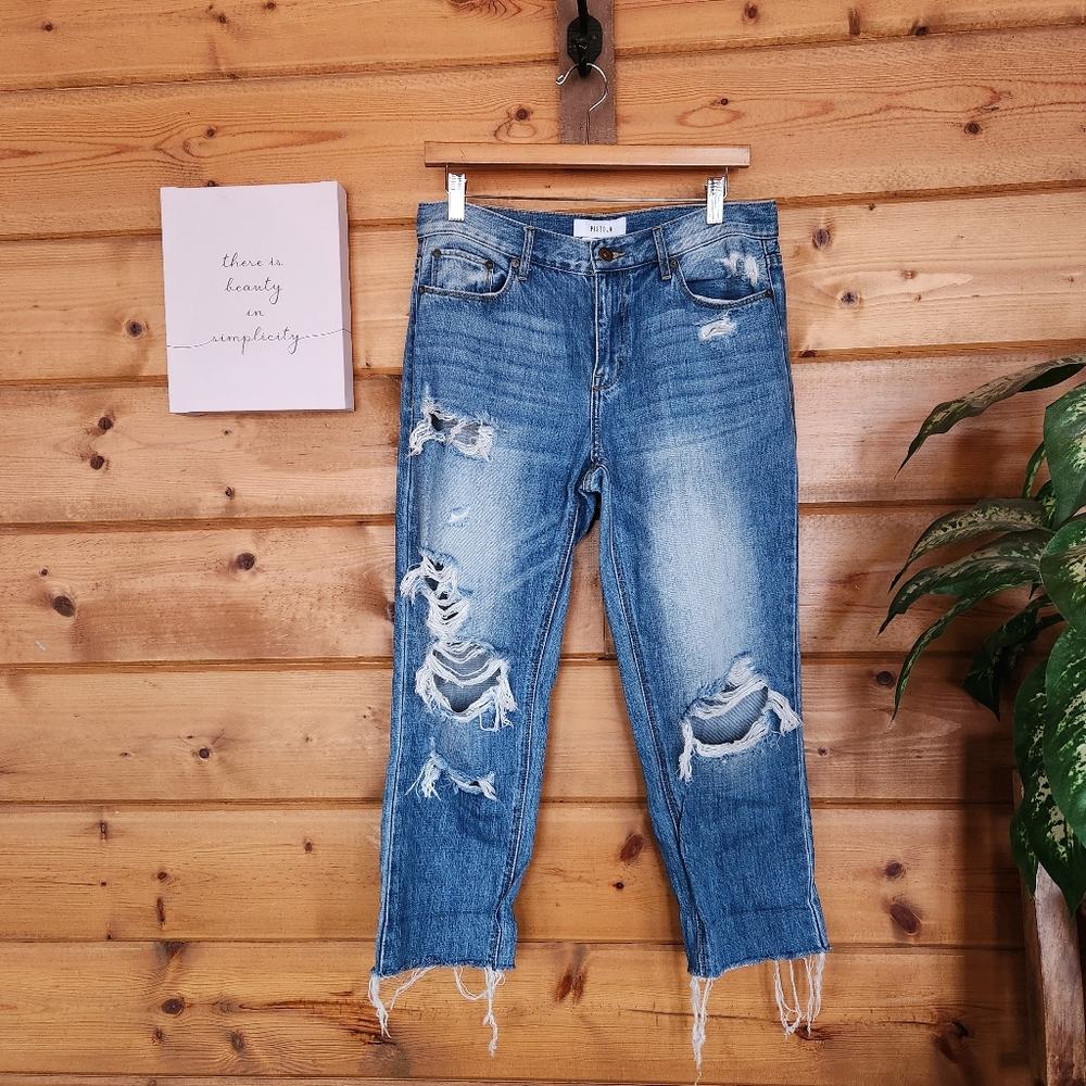 PISTOLA Jeans Presley Distressed High Rise Relaxed Roller Crop Boho Sz 27 X 24"